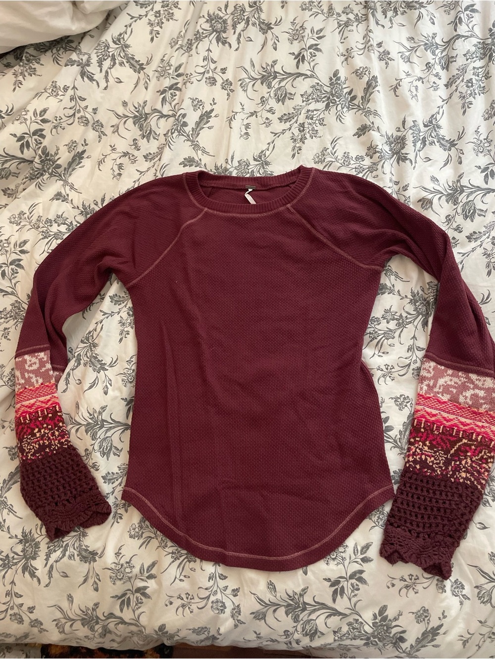 Free People Maroon Long Sleeve Thermal Top with Patterned Cuffs